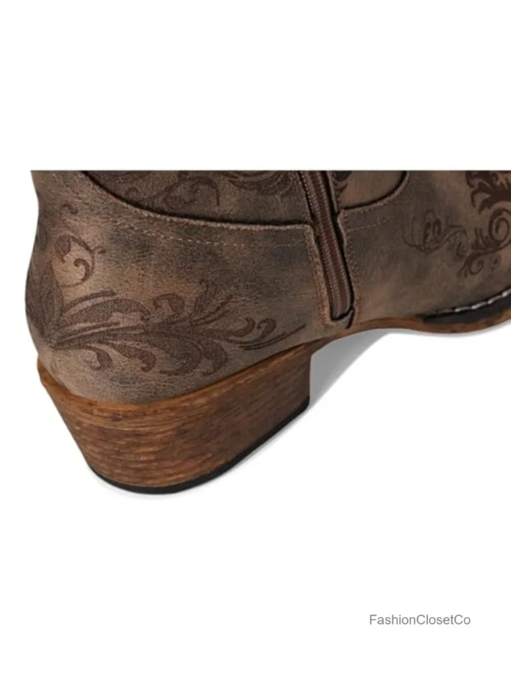 Faux Leather Embroidered Pull On Ankle Boots